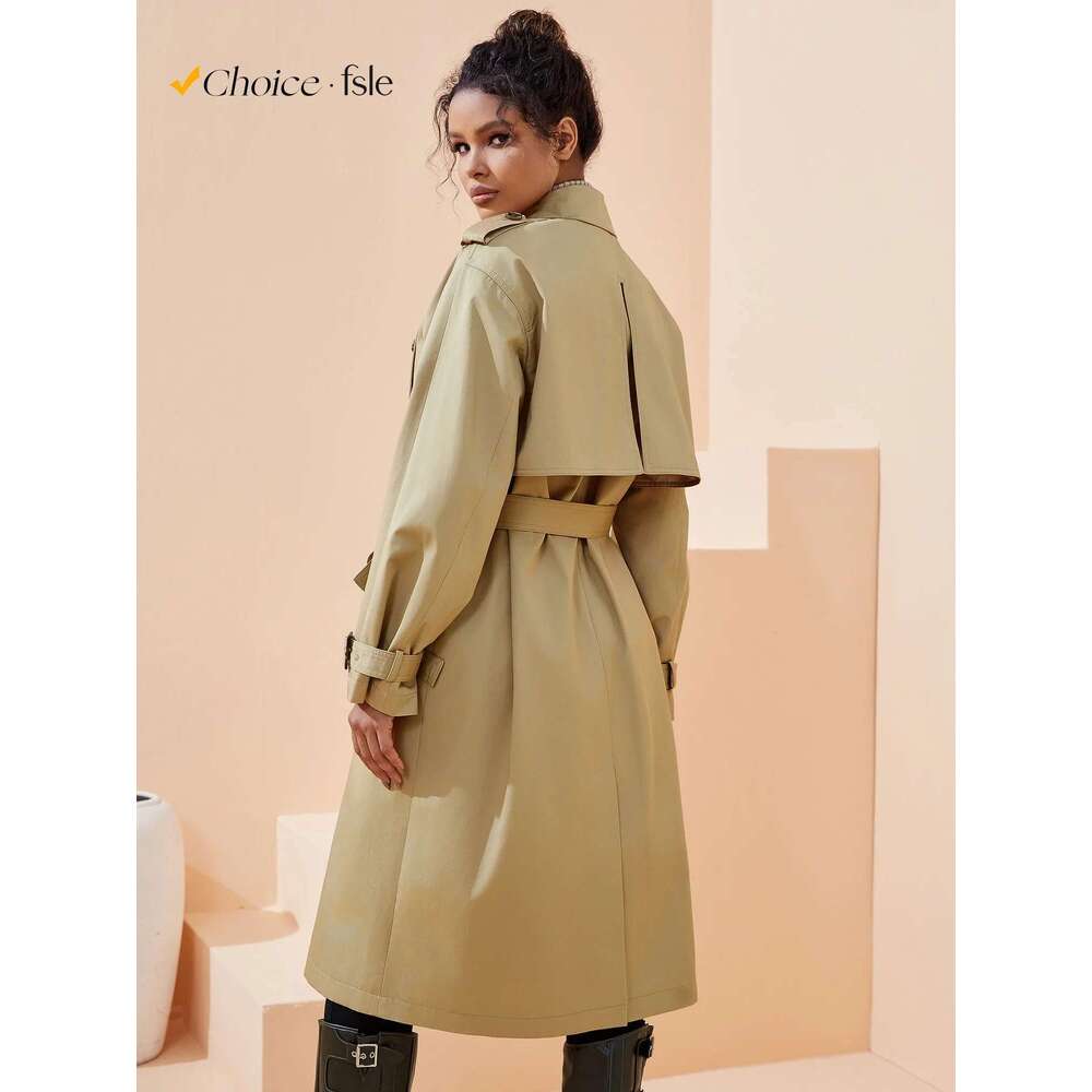 FSLE Khaki Autumn Long Coats Turn Down Collar Full Sleeve 100% Cotton Women Oversized Trench 24FS11325