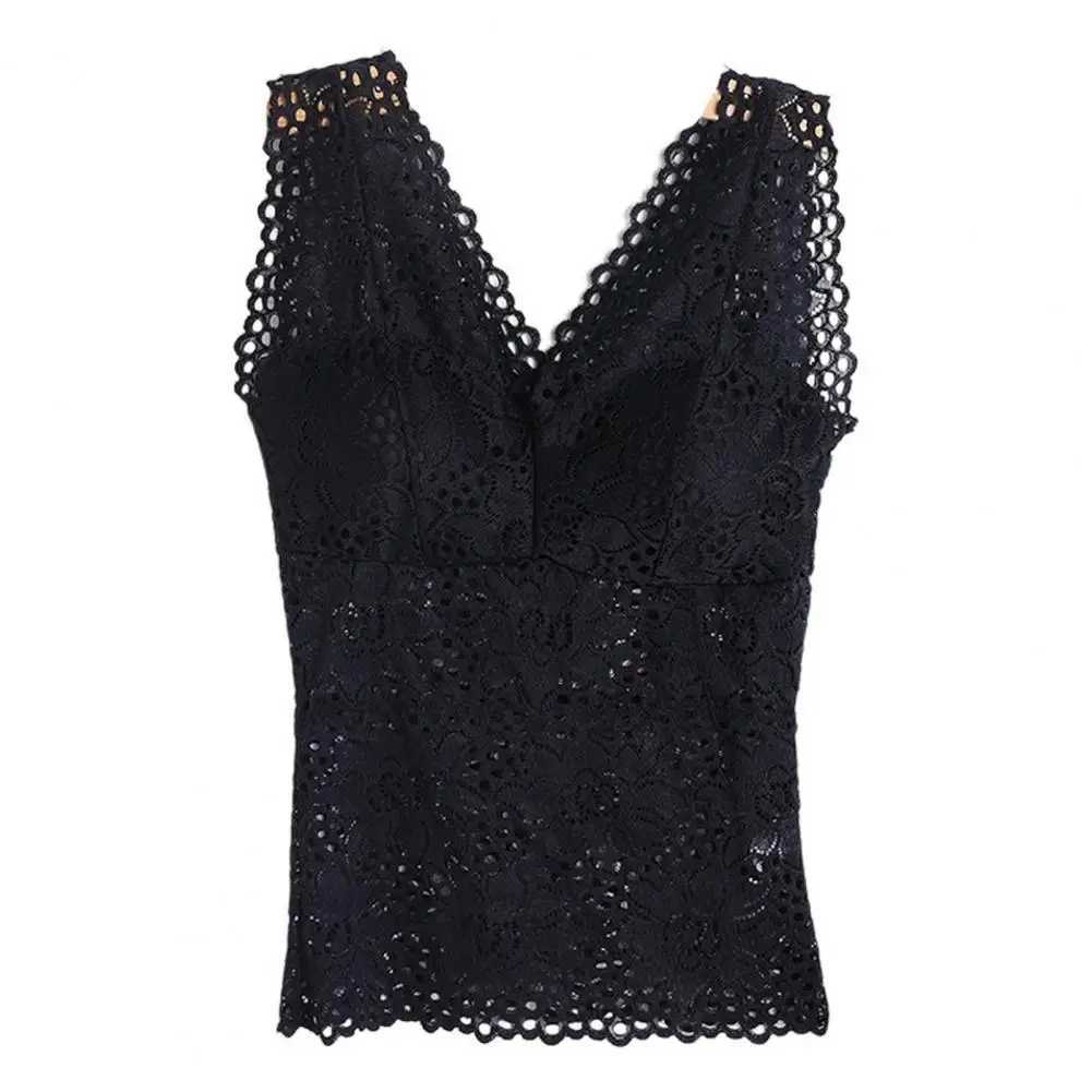 Womens Tank Top V-neck Skeleton with Pads Spaghetti Straps Sexy Lace On Bra Crochet Vest Inside Wear M250513