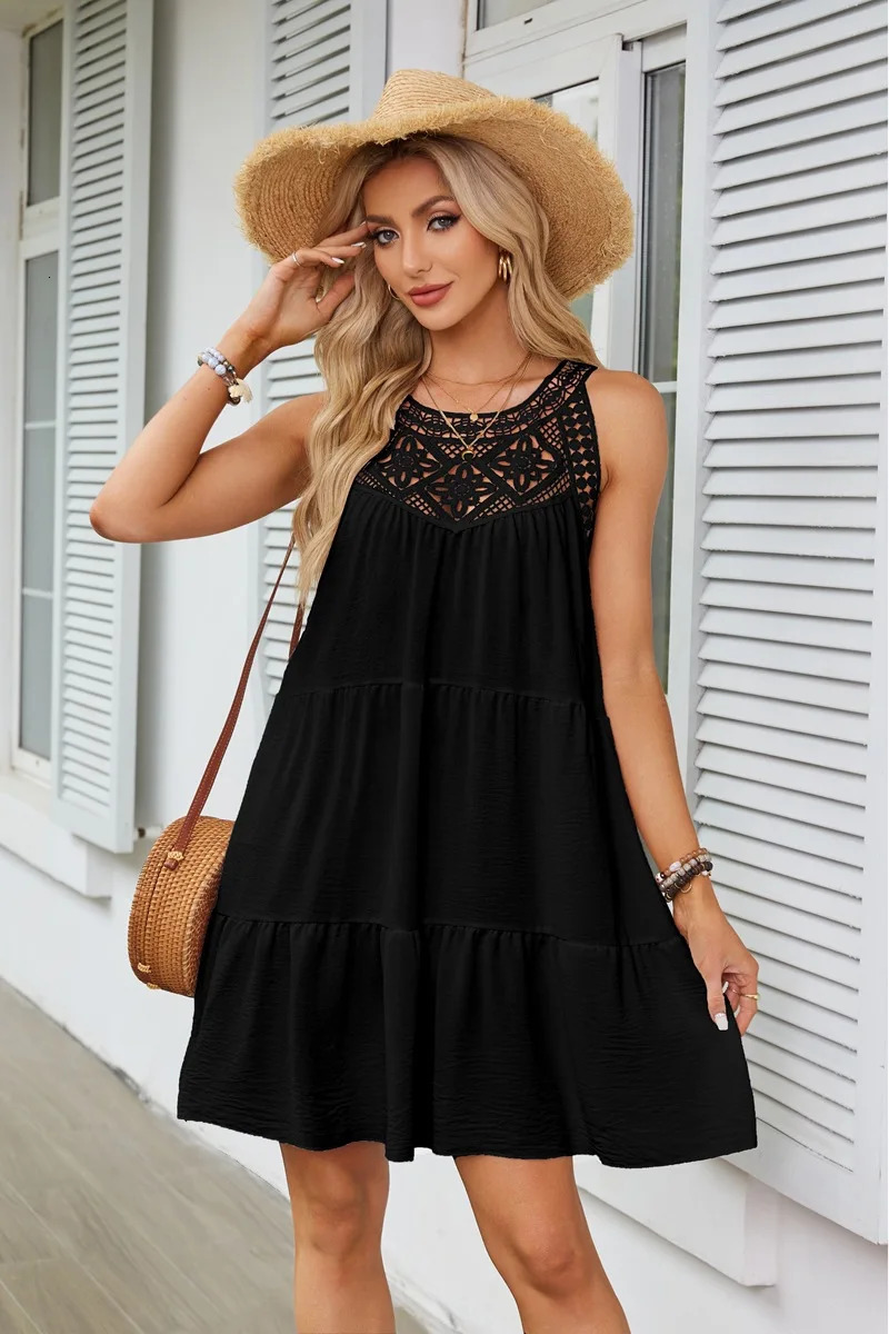 Beach mini dress with camisole sleeveless hollow out lace casual round neck elegant vacation style 250513