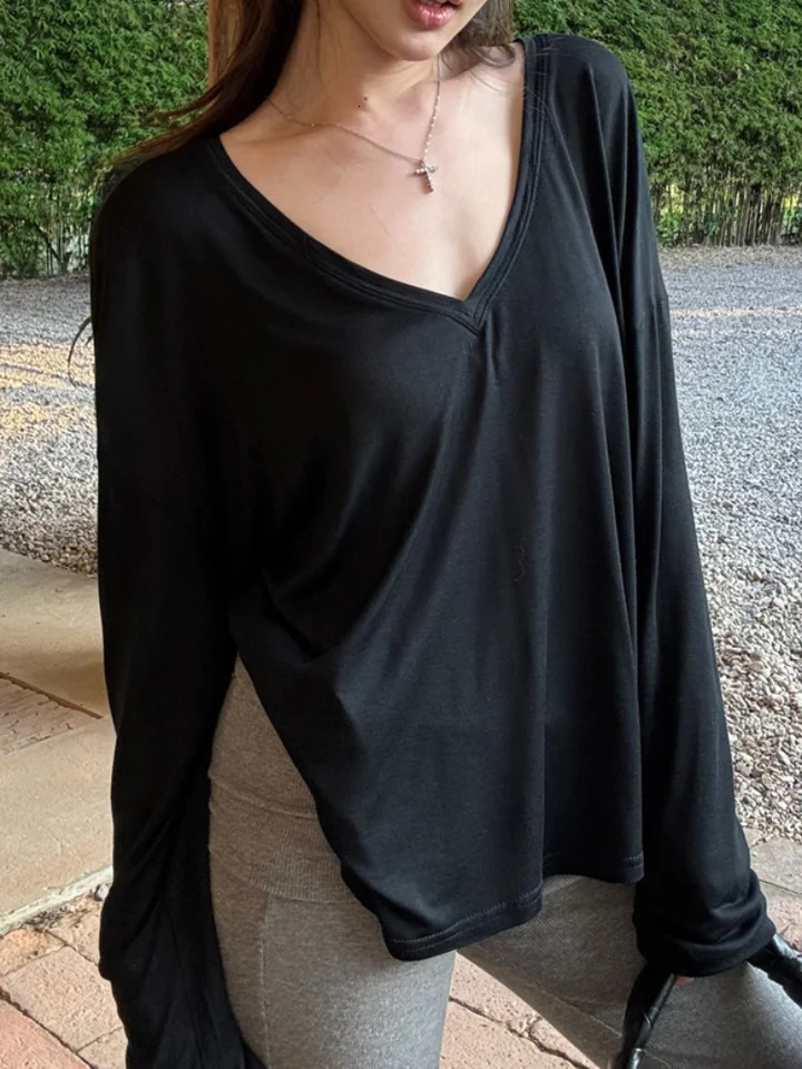 Women Oversized T Shirt Spring Summer Vneck Casual Fashion Loose Thin Long Sleeve Top Pullovers Chic White See Through Tshirt 250513