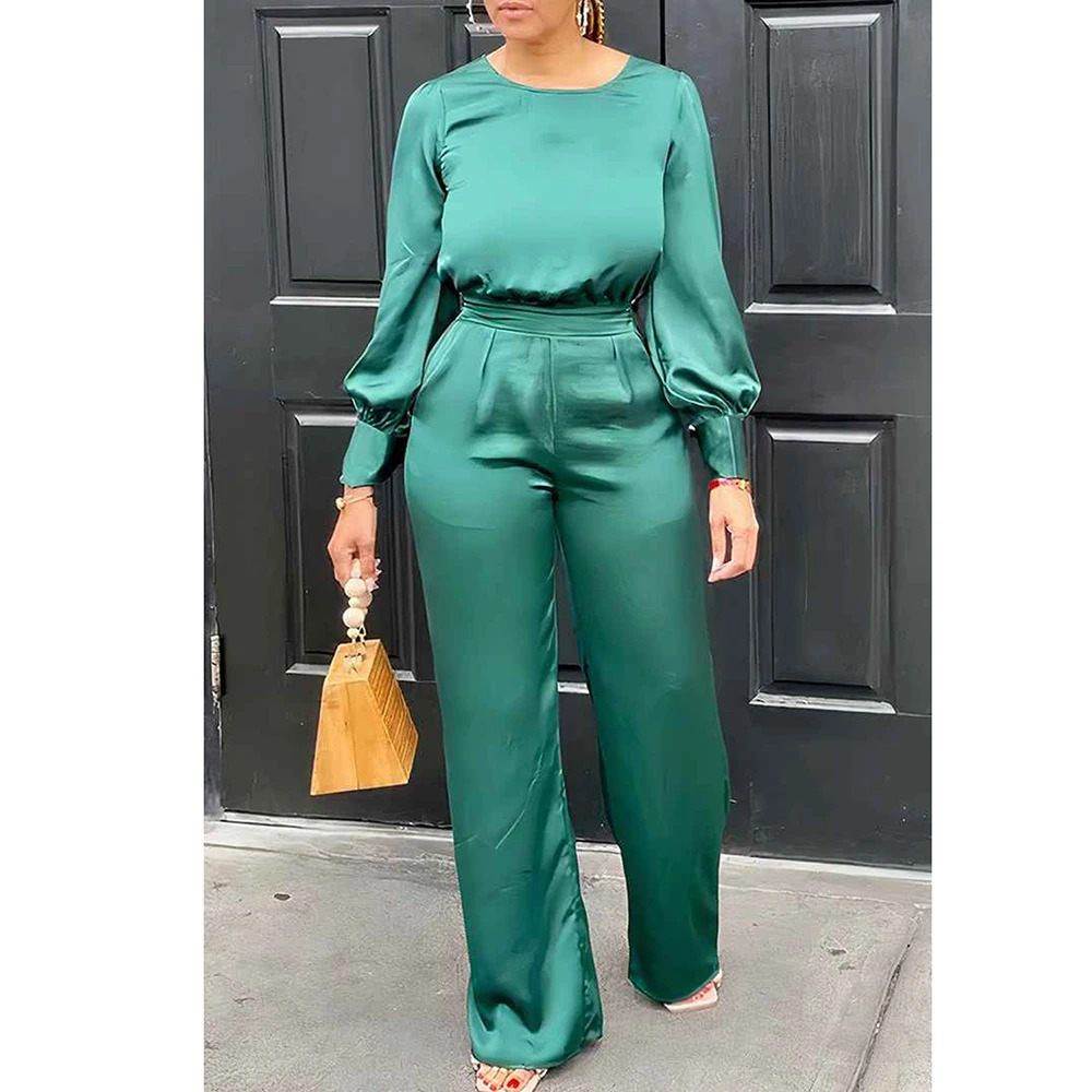 Large Business Casual Green Satin Pants Set Round Neck Lantern Sleeve Wide Leg Two Piece 250506