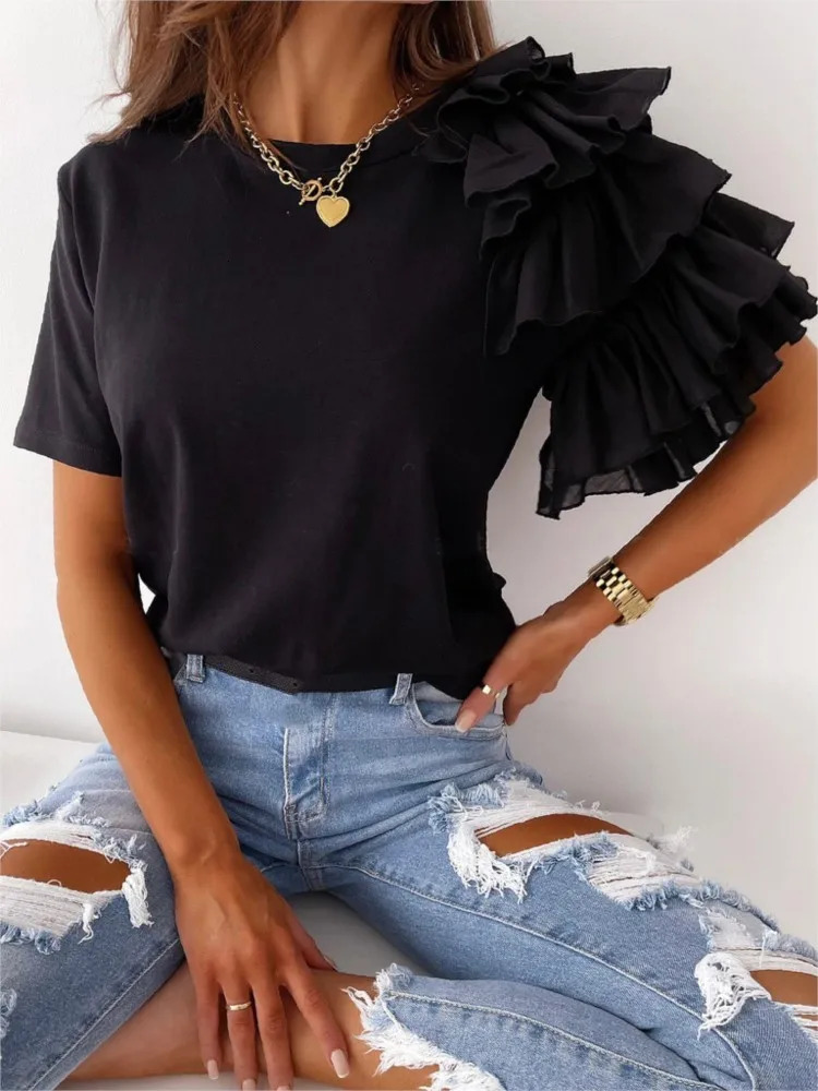 Summer Simple Fashion Womens Tshirt Ruffled Shortsleeved O Neck Elegant Casual Top T Shirts Tshirts Women Clothes 250513