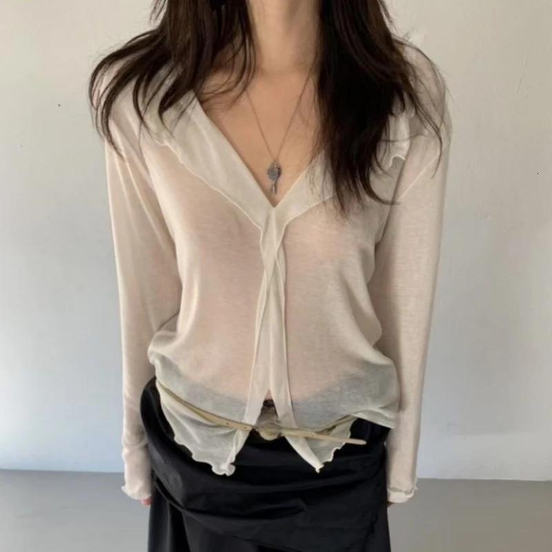 V Neck High Quality Plain T Shirt Women Elastic Basic Tshirts Female Casual Tops Long Sleeve Sexy Thin Tshirt See Through 250513