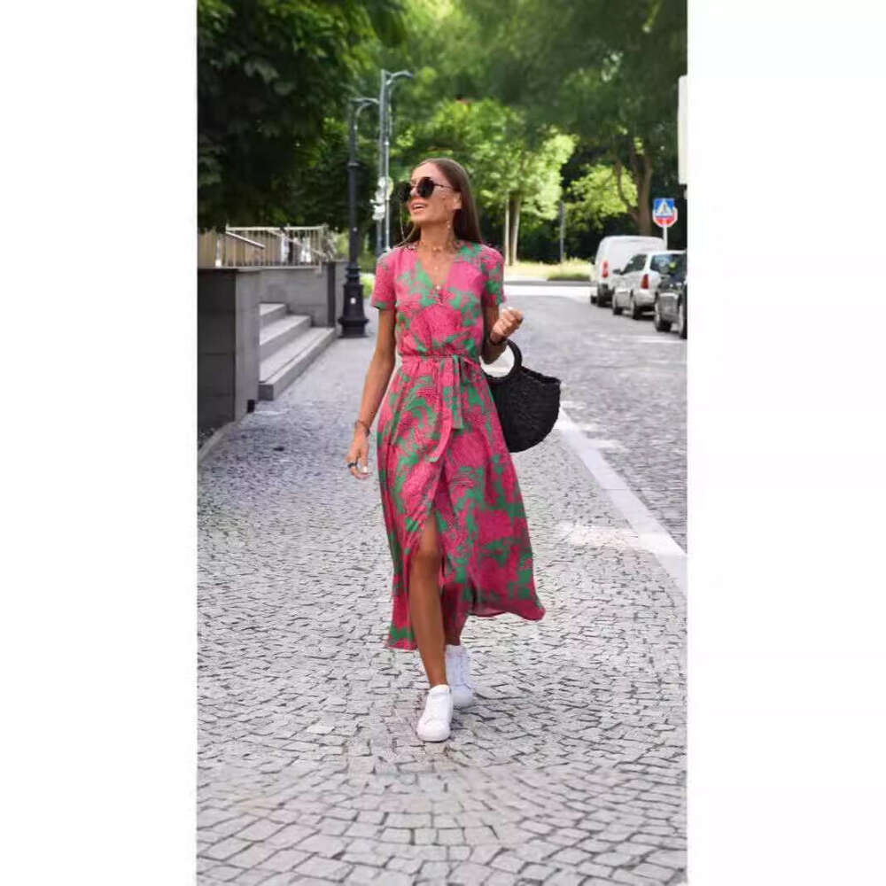 Women Clothes Dress Printed Dress Summer V Neck Split Mid Length Group Women S Clothing KQ