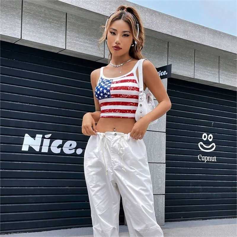 Gothic Punk New USA Flag Crop Top Sexy Backless Tank Slim Womens Mini Vest Summer Y2k Clothes Short White Camisole E-girls M250513