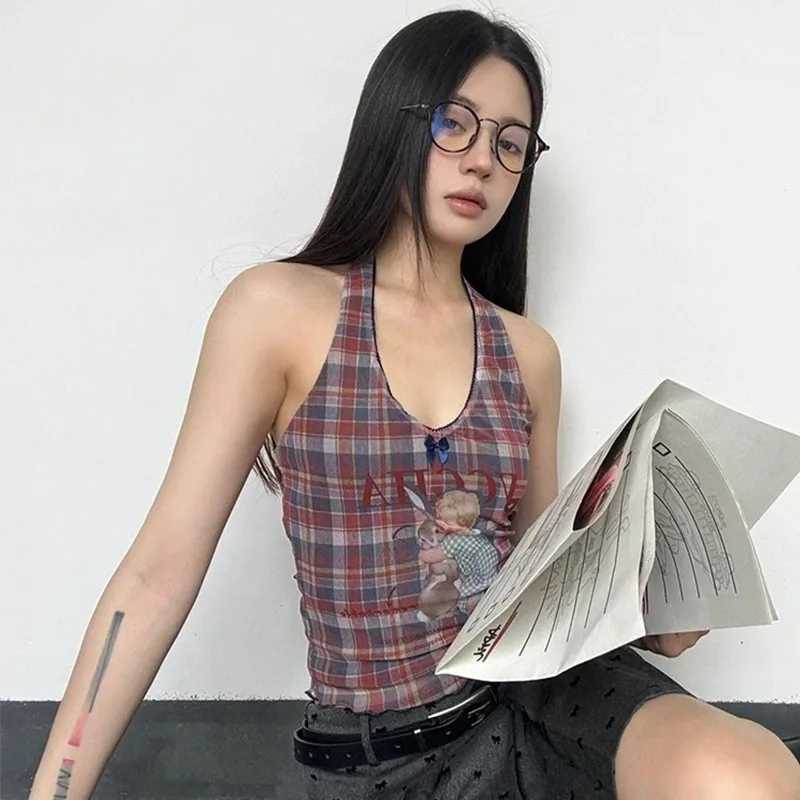 Genayooa Vintage Mesh Tops Women Sleeveless Plaid Print Tank Tops Y2k Retro Backless Camis Tops Streetwear 2000s Japanese Summer M250513
