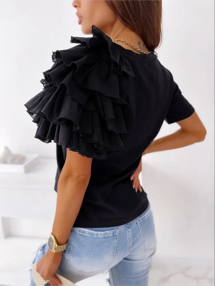 Summer Simple Fashion Womens Tshirt Ruffled Shortsleeved O Neck Elegant Casual Top T Shirts Tshirts Women Clothes 250513