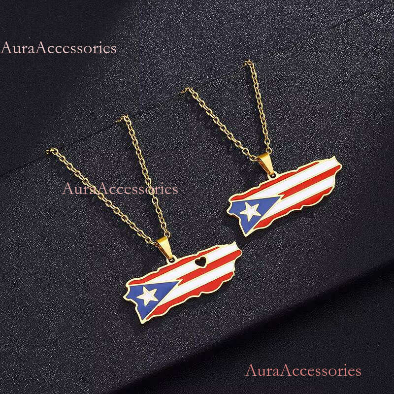 New Style Stainless Steel Dripping Oil Puerto Heart Map Pendant Necklace Jewelry for Men Women