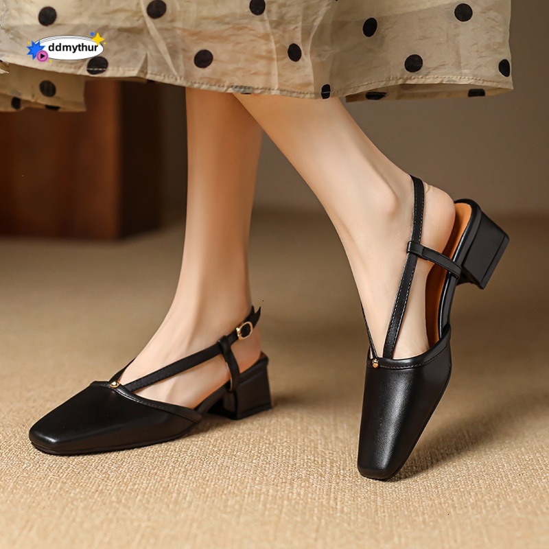 Baotou Thick Sandals Women's Summer New Style Backspace Roman with One Button Strap Middle Heel Large Shoes 41-43 ddmythur