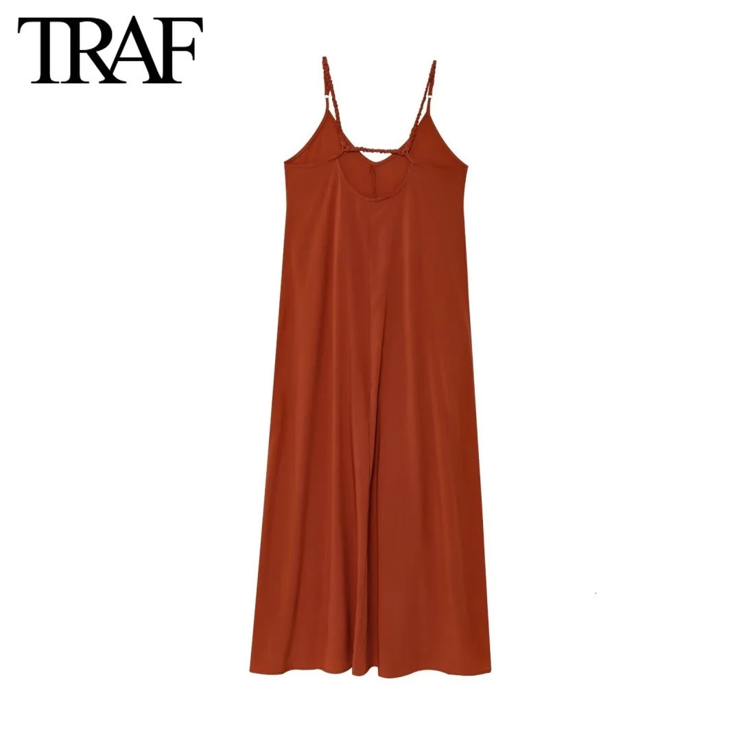 TRAF Dress for Women Fashion Summer Solid Fold Backless Sling Sleeveless Midi Dresses Chic Female French Evening 250513