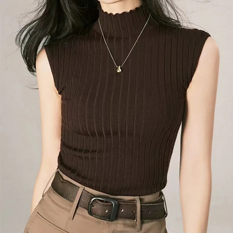 Black Tank Tops Women Sleeveless Knitted TShirts Crop Female Elastic Slim Vests Casual Summer Spring Pullover Camis 250513