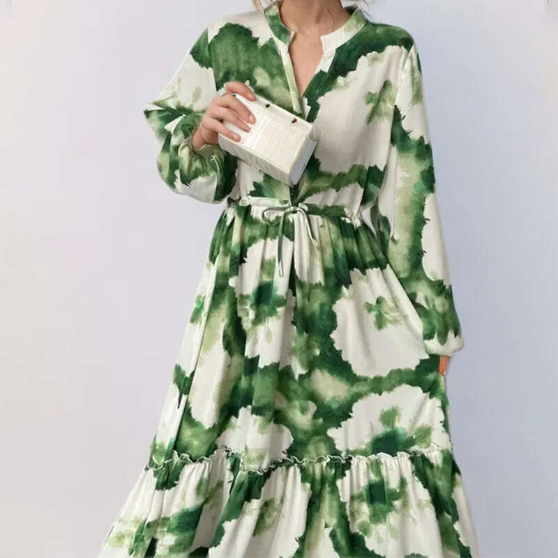 Women Clothes Dress Women S Lantern Sleeves Printed Collar Waist Cinched Long Sleeves Big Swing Spring Dress For Women KQ