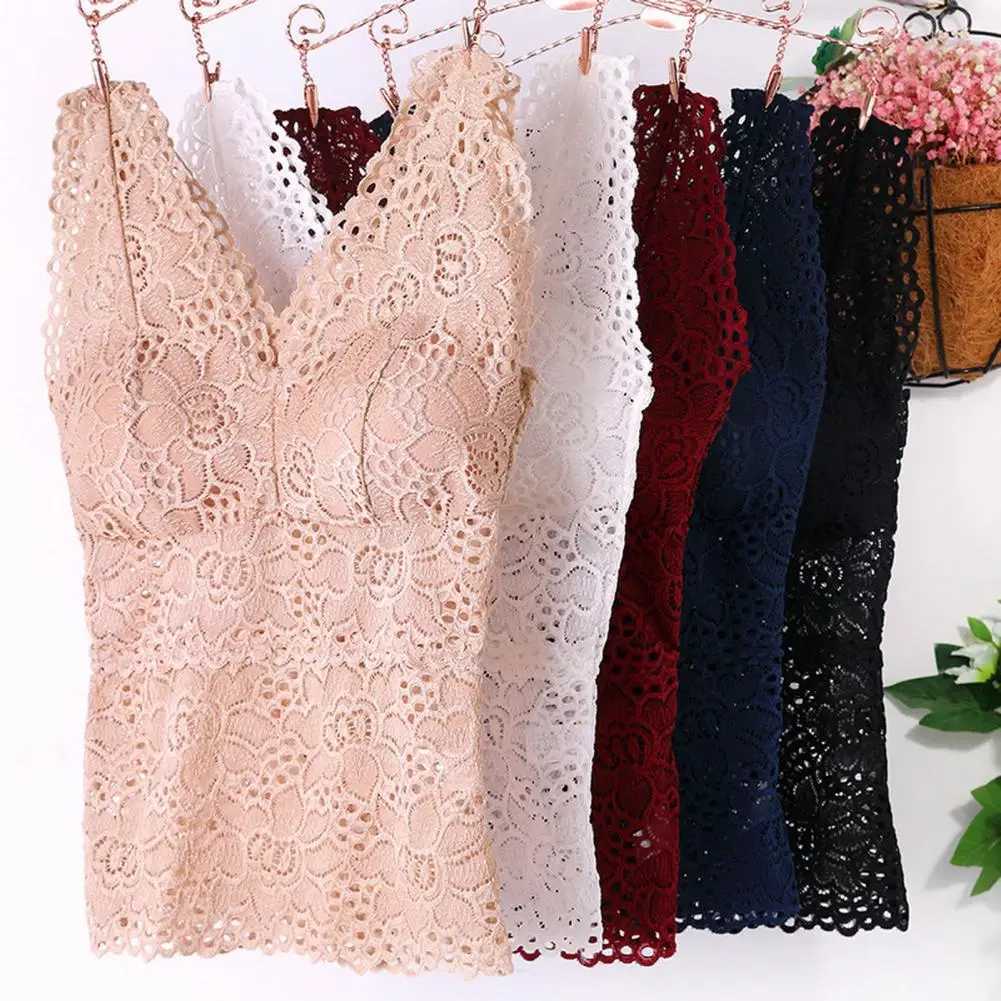 Womens Tank Top V-neck Skeleton with Pads Spaghetti Straps Sexy Lace On Bra Crochet Vest Inside Wear M250513