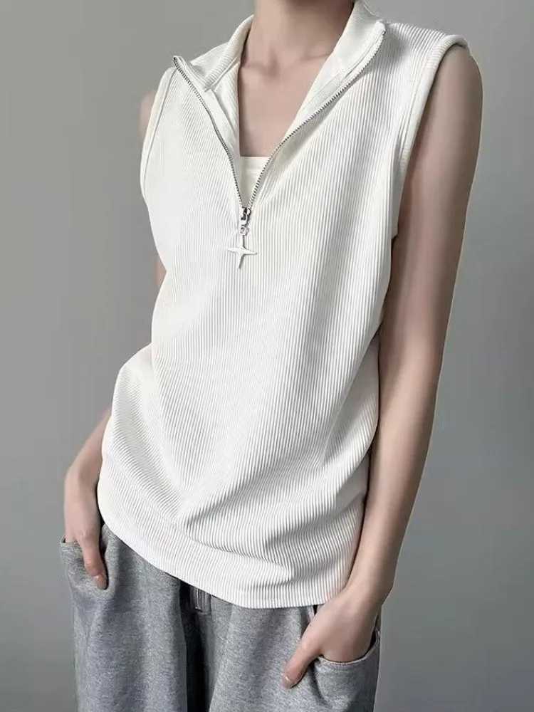 Gothic Tank Top Men and Women Harajuku Punk Vintage Stand Neck Zipper Streetwear Sleeveless Tanks Y2k Aesthetic Solid Camisoles M250513