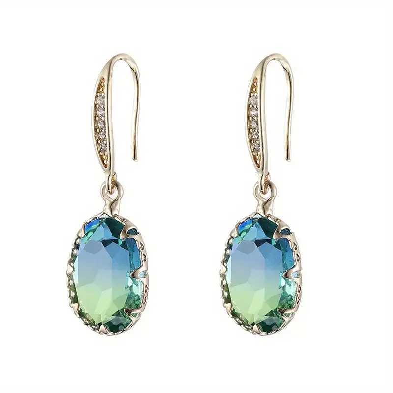 Exquisite Oval Inlaid with Blue Green Zircon Earrings Elegant Fashion Gold Color Engagement Wedding Dangle Earrings for Women Y250510