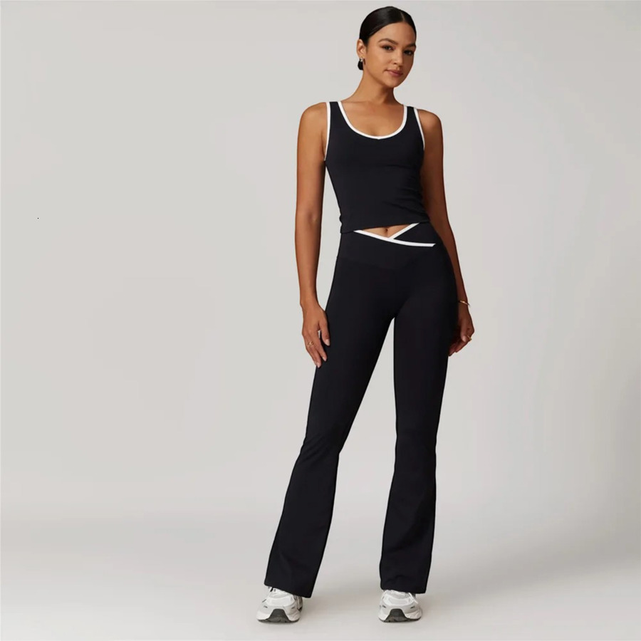Womens Tracksuits Two Pieces Set 2025 New Fashion Contrasting Cross Flared Pants Nude Yoga Running Fitness Yoga Suit 7 Colours