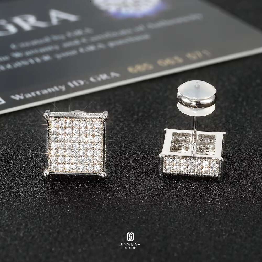 Personalized Hip Hop Men Women Screw Back Bling Cz Iced Out Diamond Moissanite Square Geometric Shape Silver Studs Earrings