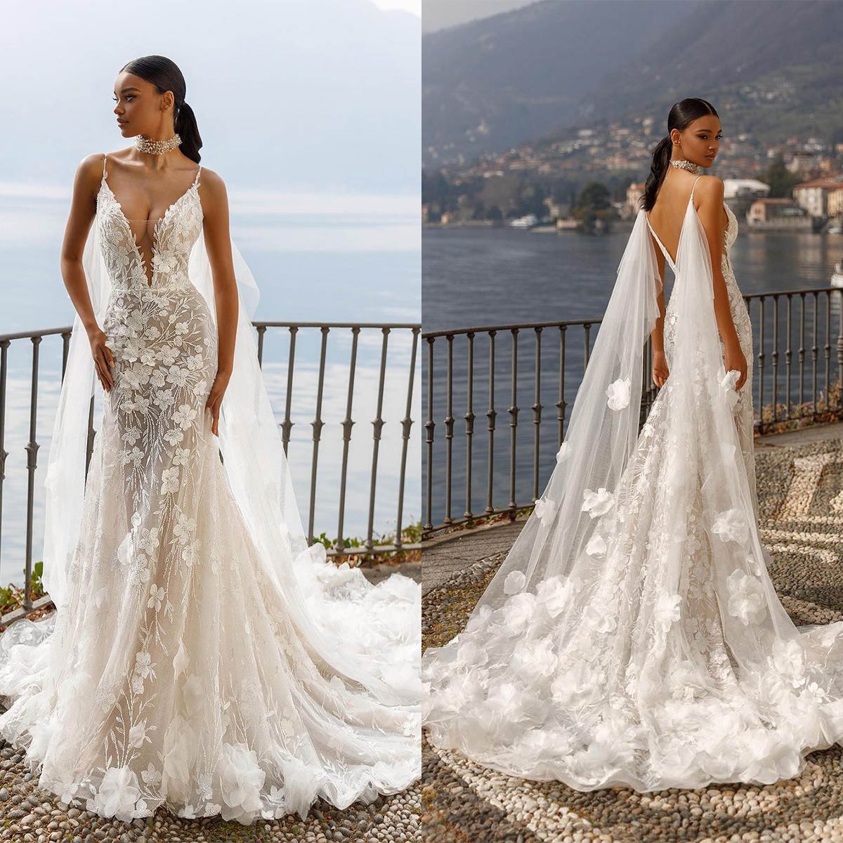 Beach Mermaid Wedding Dress Deep V Neck Backless Bridal Gowns Illusion 3D Flowers Appliques Bride Dresses