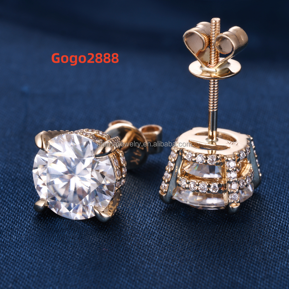 Fashion Hip Hop 0.5CT 1CT 2CT D VVS Round Brilliant Cut Moissanite Lab Diamond S925 Silver 10K 14K 18K Solid Gold Stud Earrings