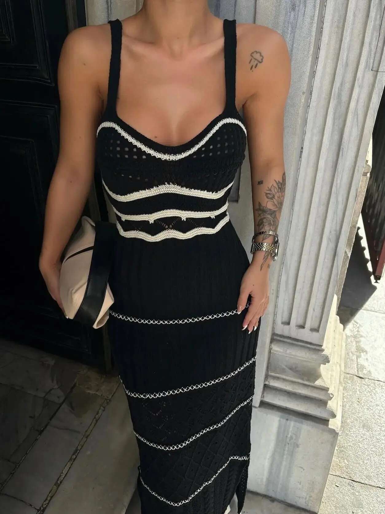 Striped Elegant Knit Crochet Dress Women 2025 Summer Beach Vacation Sleeveless Backless Long Female V Neck Sexy Dresses