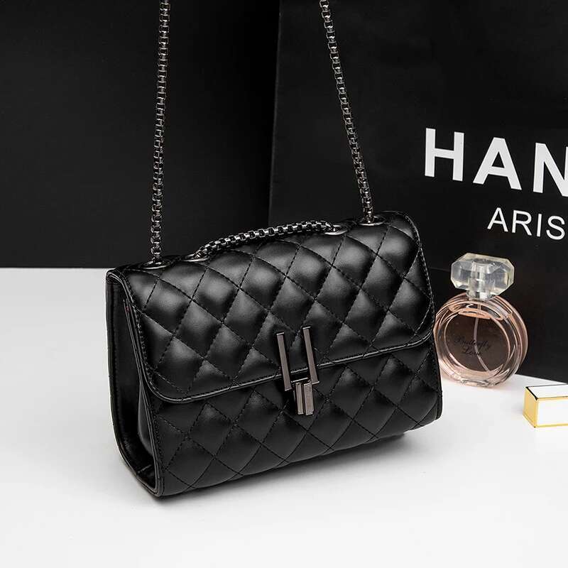 Fashion Lingge Square Women's Shoulder Quilted Detail Chain Full Bag Crossbody Bag, Flip Wallet
