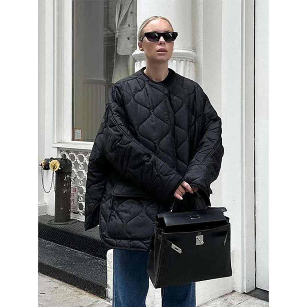 Rhomboid Pattern Women Cotton Coat Solid O-neck Irregular Striped Long Sleeve Single Breasted Female Jacket Winter Lady Overcoat
