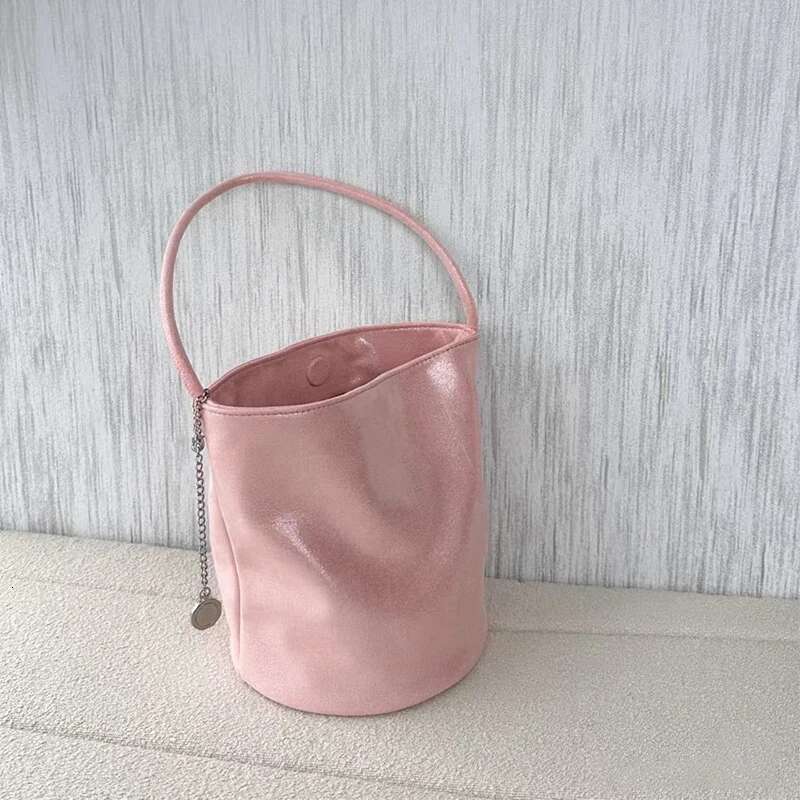 Korean Brand Pink Bucket New Shiny Leather With Sliver Round Metal High-End Designer Sweet Cute Fashion Shoulder Bag