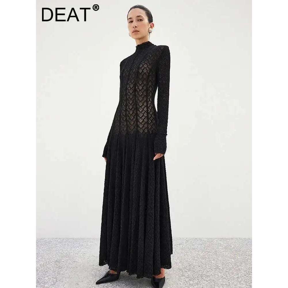 DEAT Elegant Dress Hollow Out Long Sleeve Pleated Knitted Slim Big Swing Women's Evening Party Dresses 2025 Spring New 7AB8070