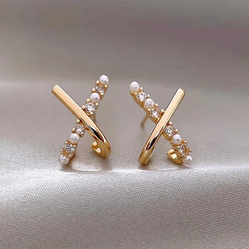 Yupsk Fashion Small Cross X-shape Zircon Pearl Earrings for Women Statement Unusual Accessories Luxury Wedding Party Jewelry Y250510