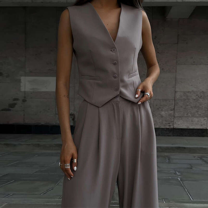 Women's Summer New V-Neck Sleeveless Vest, Hanging Wide Leg Trousers Casual Set B5