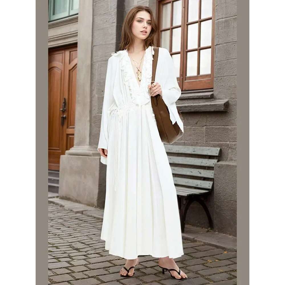 Elegant White Ruffles V-neck Maxi Dress Women Fashion Long flare Sleeve High Waist Loose Vestidos 2025 New Lady Street Dresses