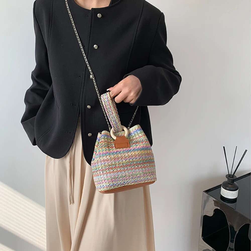 Colorful Straw Fashion Hand-Woven Mini Bucket Women Chain Sling Purses Female Crossbody Summer Tote Hobo Bag