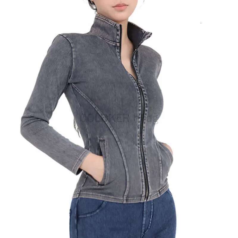 Denim Coat Womens Sports Running Yoga Slim Fit Full Zip Track Turtleneck Workout Jacket