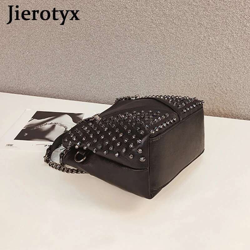 JIEROTYX Studded Shoulder Women Leather Punk Style Rock Rivet Crossbody Bag Handbag With Chain Wallet Purse For Girls