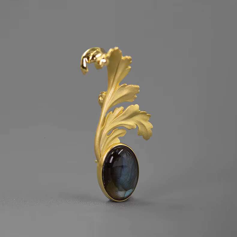 Handmade 925 Silver Vintage Labradorite Party Flower Leaf Vine Brooch Fine Jewelry