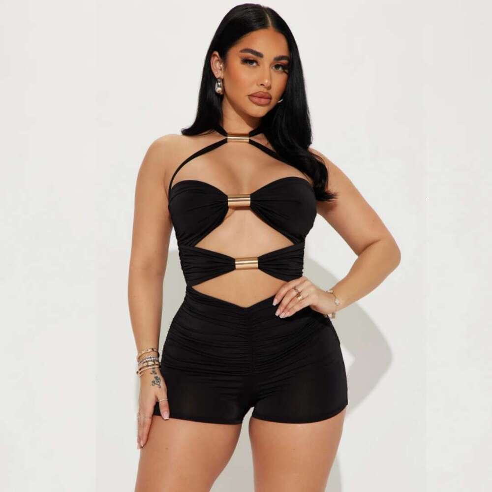 Women's New Personalized Hollowed Out Metal Pipe Splicing With Contrasting Bow Tie Hanging Neck Jumpsuit Shorts B5