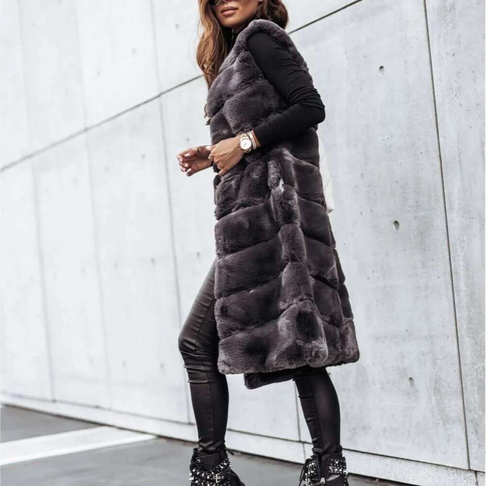 2025 Winter Women's Faux Coats X-Long Jackets Sleeveless O-Neck Vest Outerwear Female Fashion Lady Fur Cardigans Dresses Designer