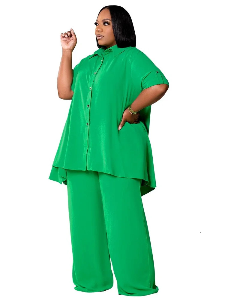 Wmstar Women Plus Size Two Piece Set 5XL Summer Casual Solid Button T Shirt Wide Leg Pants Female Outfits Wholesale Drop 250506