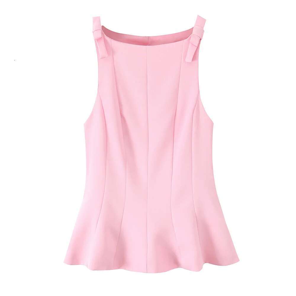 PB&ZA 2025 Women's Pink Sleeveless Top with Bow - Adorned Straps Peplum Hem for a Sweet and Stylish Look