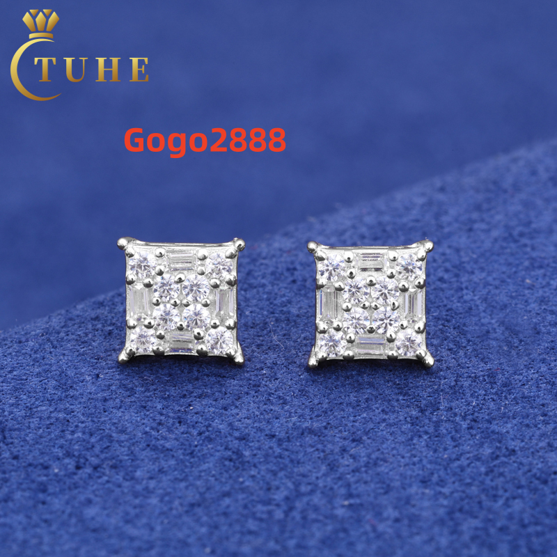 Wholesale Rapper 925 Sterling Silver Waterproof Baguette Moissanite Square Shaped Stud Earring Hip Hop Party Jewelry