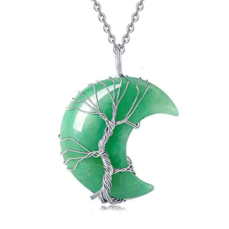 Life Tree Crescent with Metal Wire Wrapped Crystal Stone Pendant Natural Amethyst Quartz Necklace