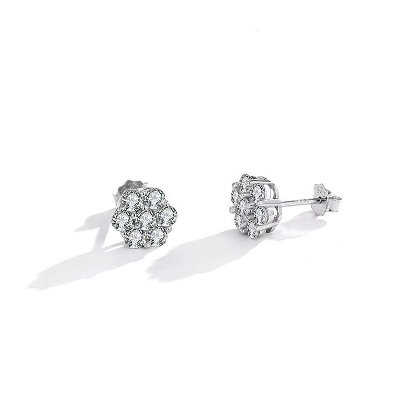 925 Sterling Silver Plum Blossom Stud Earrings for Women Fine Jewelry in Hip Hop Style Shiny 0.1Carat 3MM Moissanite Inlay