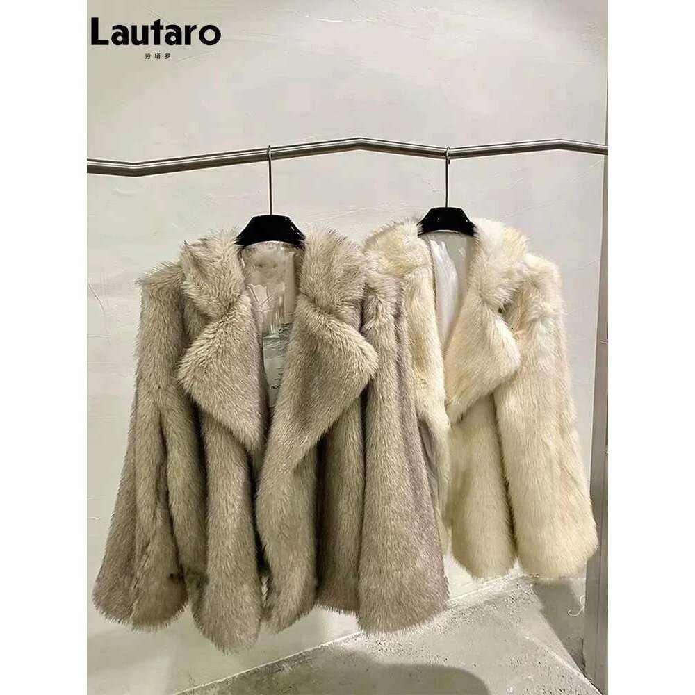 Lautaro Winter Loose Casual Thick Warm Soft Hairy Faux Fur Coat Women High Quality Furry Fluffy Jacket Korean Fashion Designer Designer