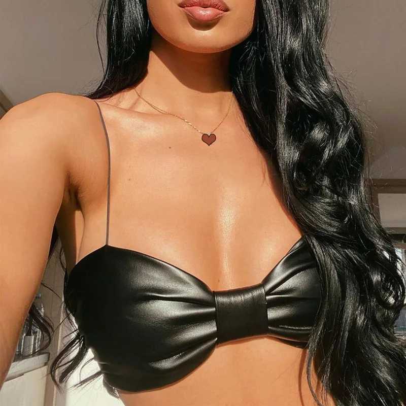 Sexy Bow Tie Shape Bare Midriff PU Holder Crop Tops Women Bustier Tank Top Backless Camisole Female Sleeveless Cropped Vest M250513