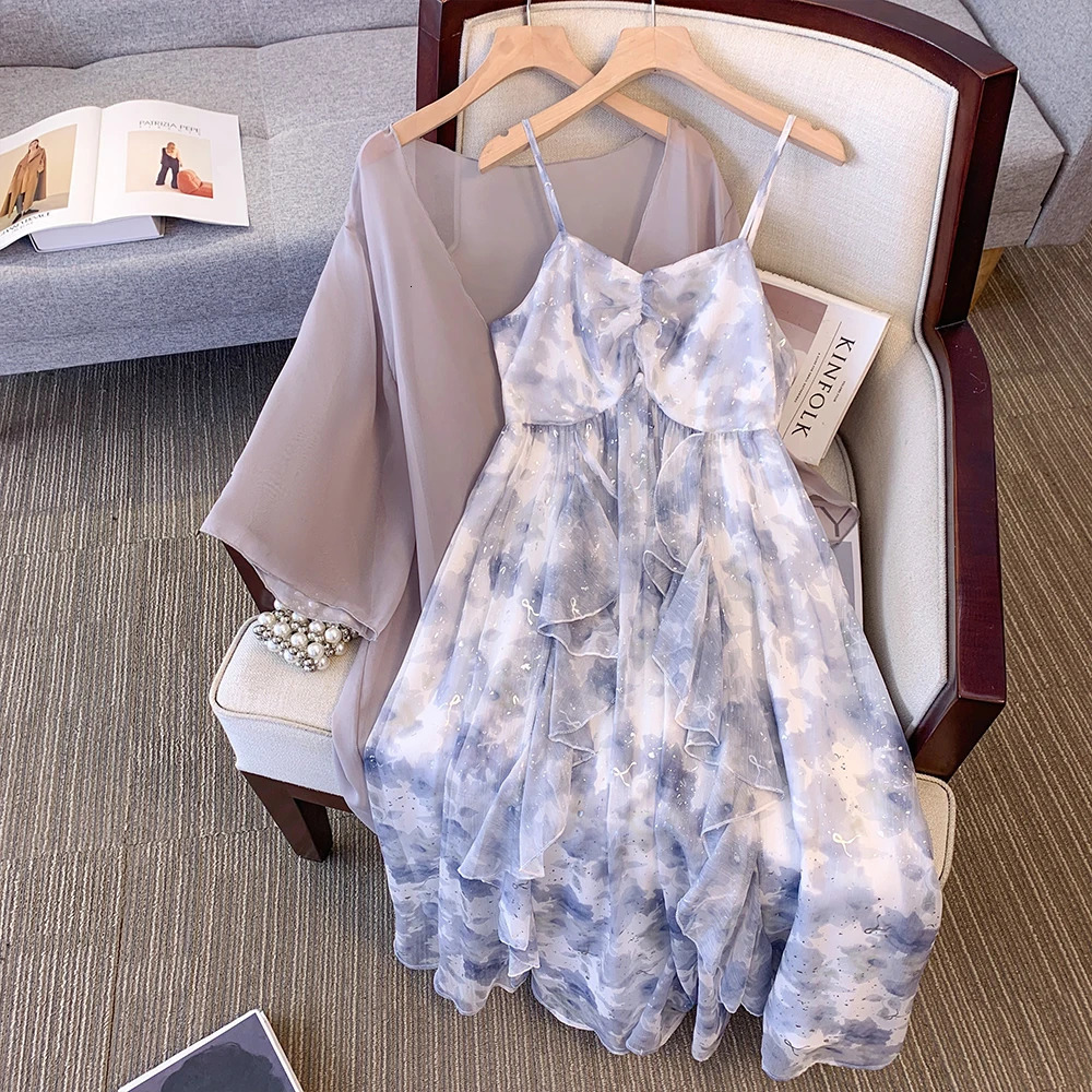 Plus size womens summer casual dress set loose and comfortable chiffon with light mesh shaving French elegant party 250506