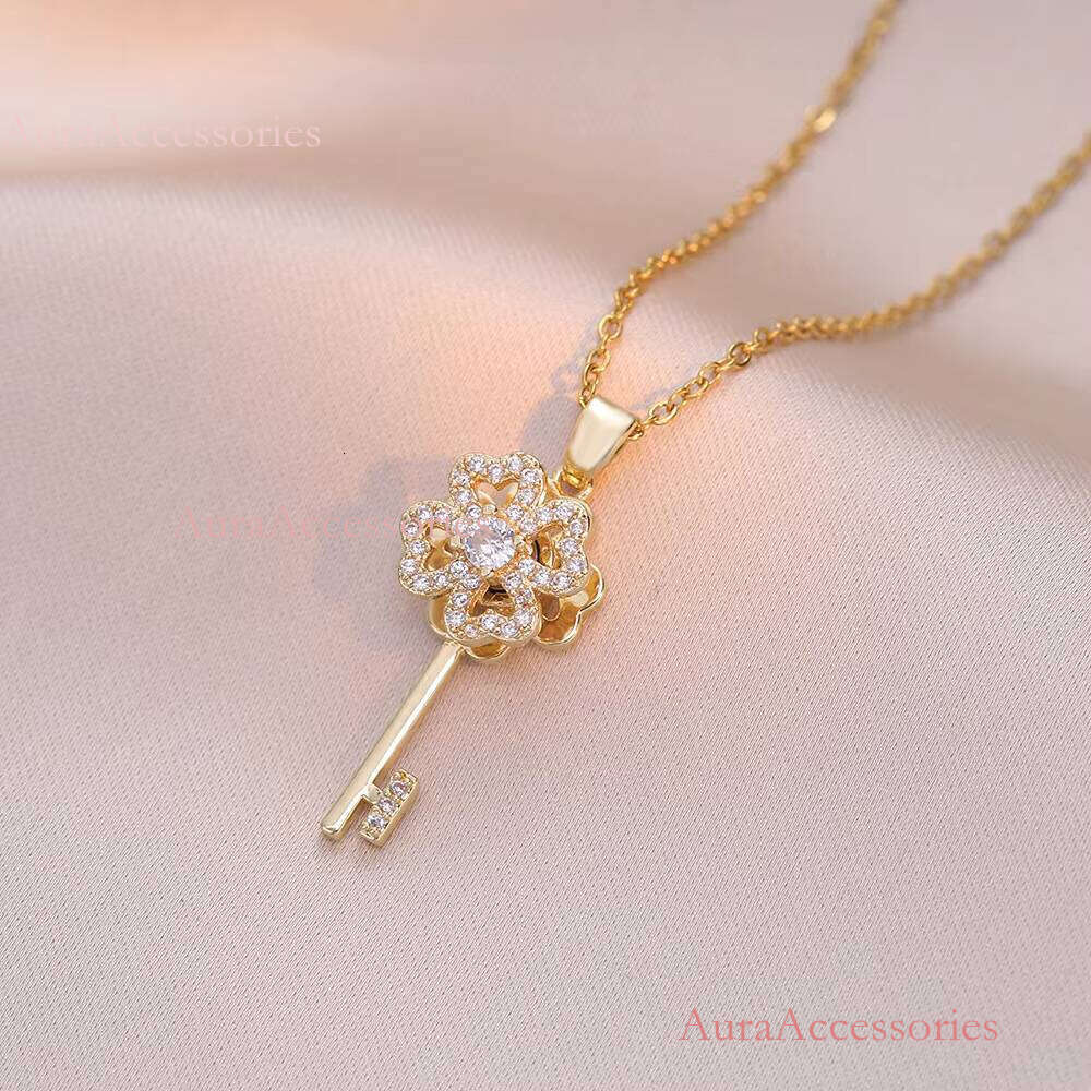 Gold Plated Zirconia Key Women's Custom Spinning Clover Necklace