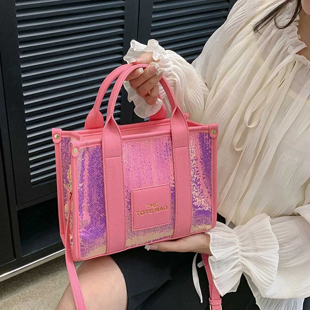 New The Tote Bag Letter Printed Sequins Top-Handle Bag Women Leather Handbag Luxury Designer Glitter Shoulder Crossbody BagXJ250513