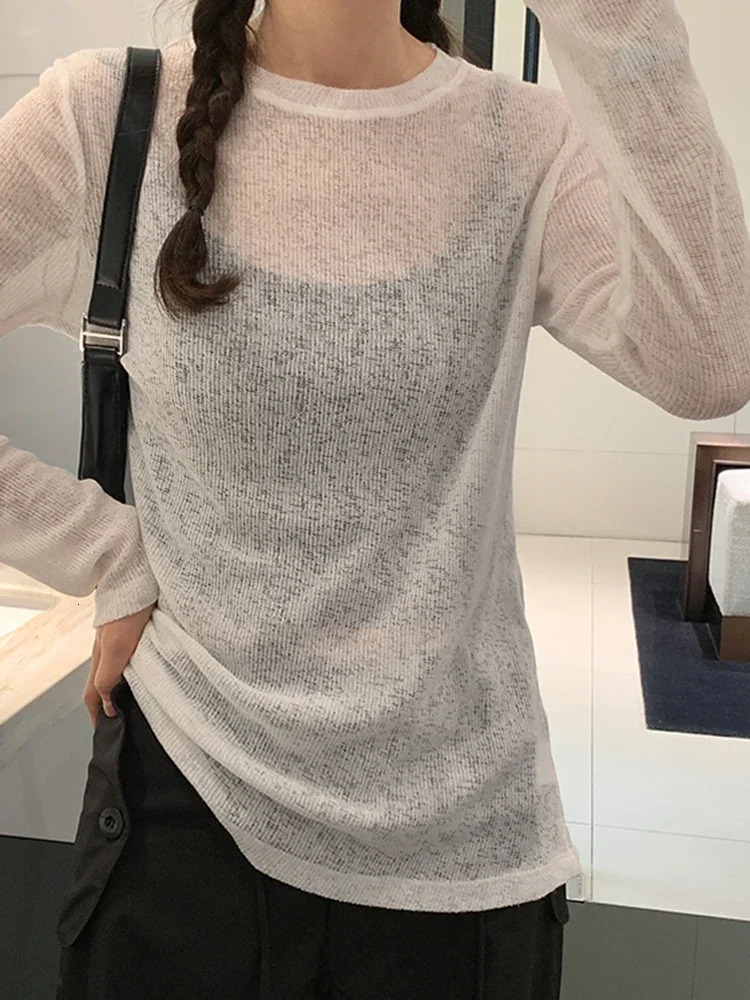 AOSSVIAO Womens White Long Sleeve TShirt Spring Summer Basic Loose Fit Fashion Sexy See through Casual Tee Femme Thin 250513