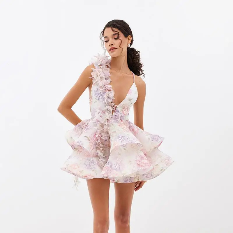 Chic Floral Printed Mini Dress Backless Sleeveless Hem Stacking Dresses Sweet A Line Vestidos Lady Party Club Clothing 250513