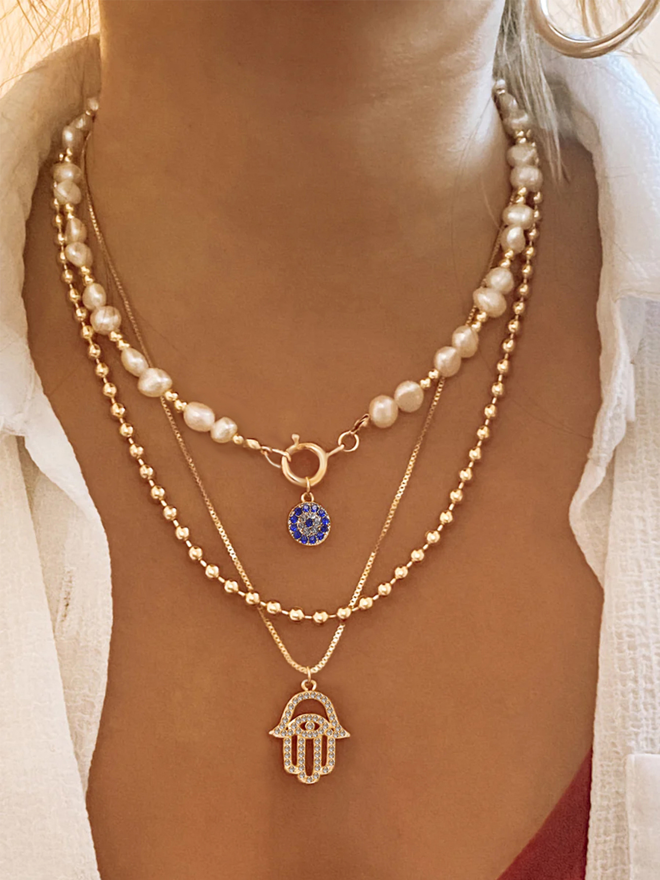 Trendy Layered Metal Necklace with Faux Eye Charm, Gold Pearl Choker for Women, Wholesale Fashion Jewelry